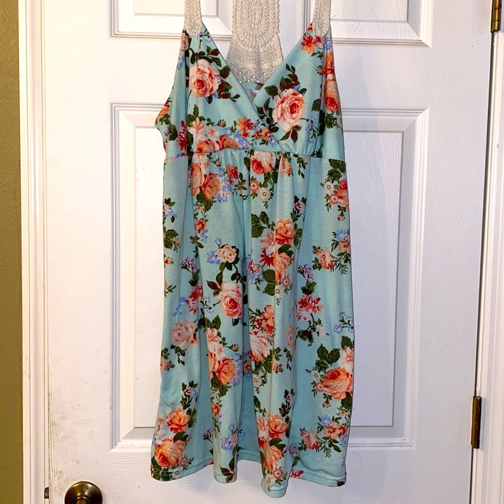 No Boundaries Light Teal Floral Mini Dress with Crochet Back